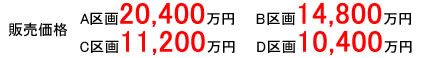 販売価格 A区画：20,400万円 B区画：14,800万円 C区画：11,200万円 D区画：10,400万円